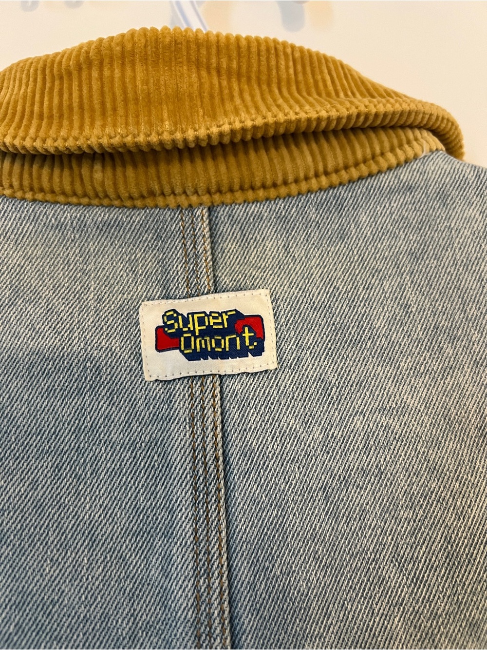 Woman Light Wash Denim Jacket with Mustard Corduroy Collar - Picture 10 of 15